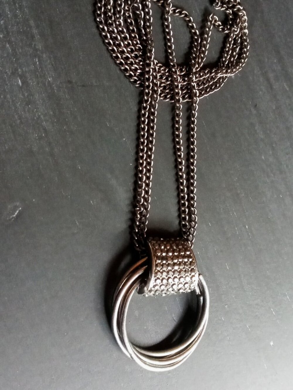 Double Chain Gunmetal Necklace w/Multi Hoop & Rhinestone Stud Styled Pendant